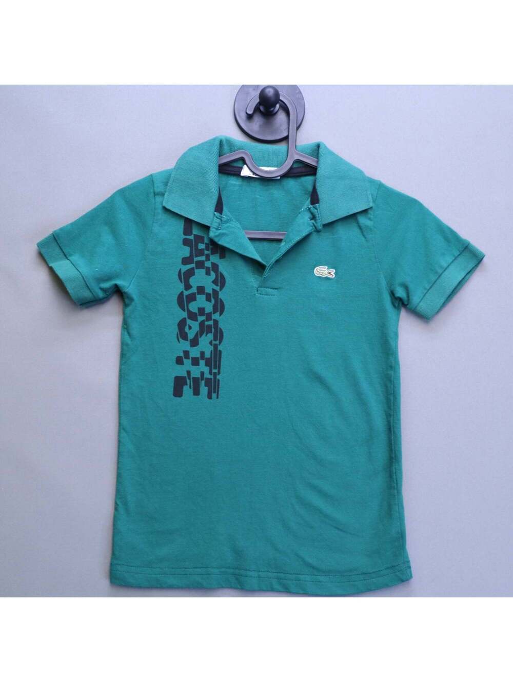 Lacoste Boys Polo Shirt Size 6-7 Green Big Spellout Logo Crocodile Cotton Pique